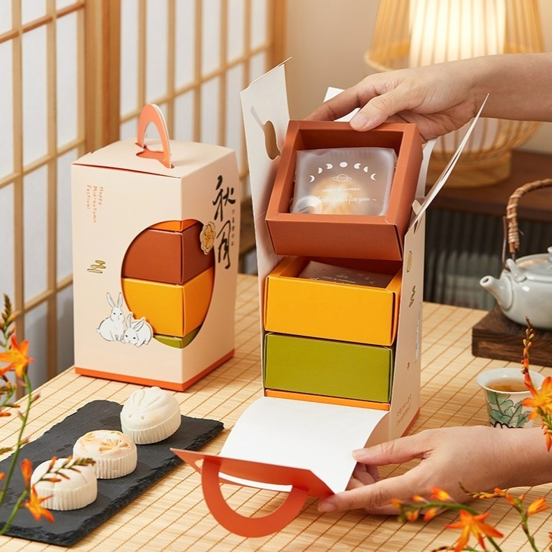 ◎2入◎創意中秋月餅疊放式手提包裝盒/中秋禮盒蛋黃酥手提盒/牛軋糖禮品紙盒/鳳梨酥雪媚娘泡芙包裝禮物盒-細節圖3