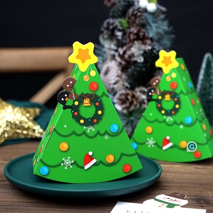 ◎3只入◎可愛紅色聖誕樹造型三角西瓜盒/食品級白卡禮品包裝/平安夜彩色禮物盒-細節圖4