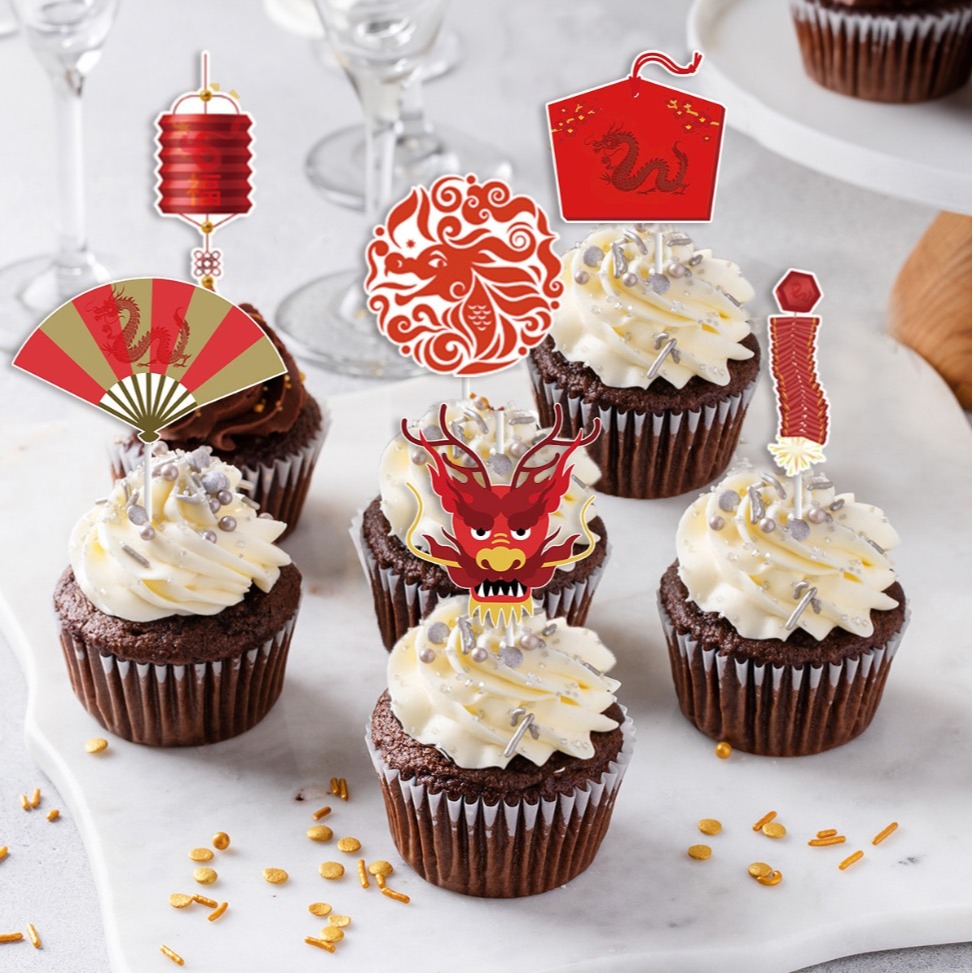 ◎12支入◎龍年主題蛋糕DIY裝飾插件插旗/馬芬杯裝飾/新年杯子蛋糕裝飾卡片插牌/Happy new year蛋糕甜品裝-細節圖3