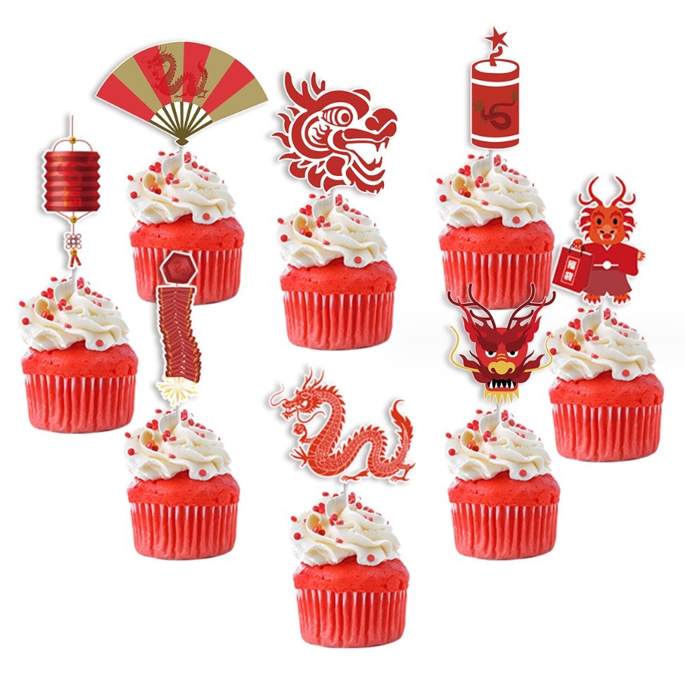 ◎12支入◎龍年主題蛋糕DIY裝飾插件插旗/馬芬杯裝飾/新年杯子蛋糕裝飾卡片插牌/Happy new year蛋糕甜品裝-細節圖4