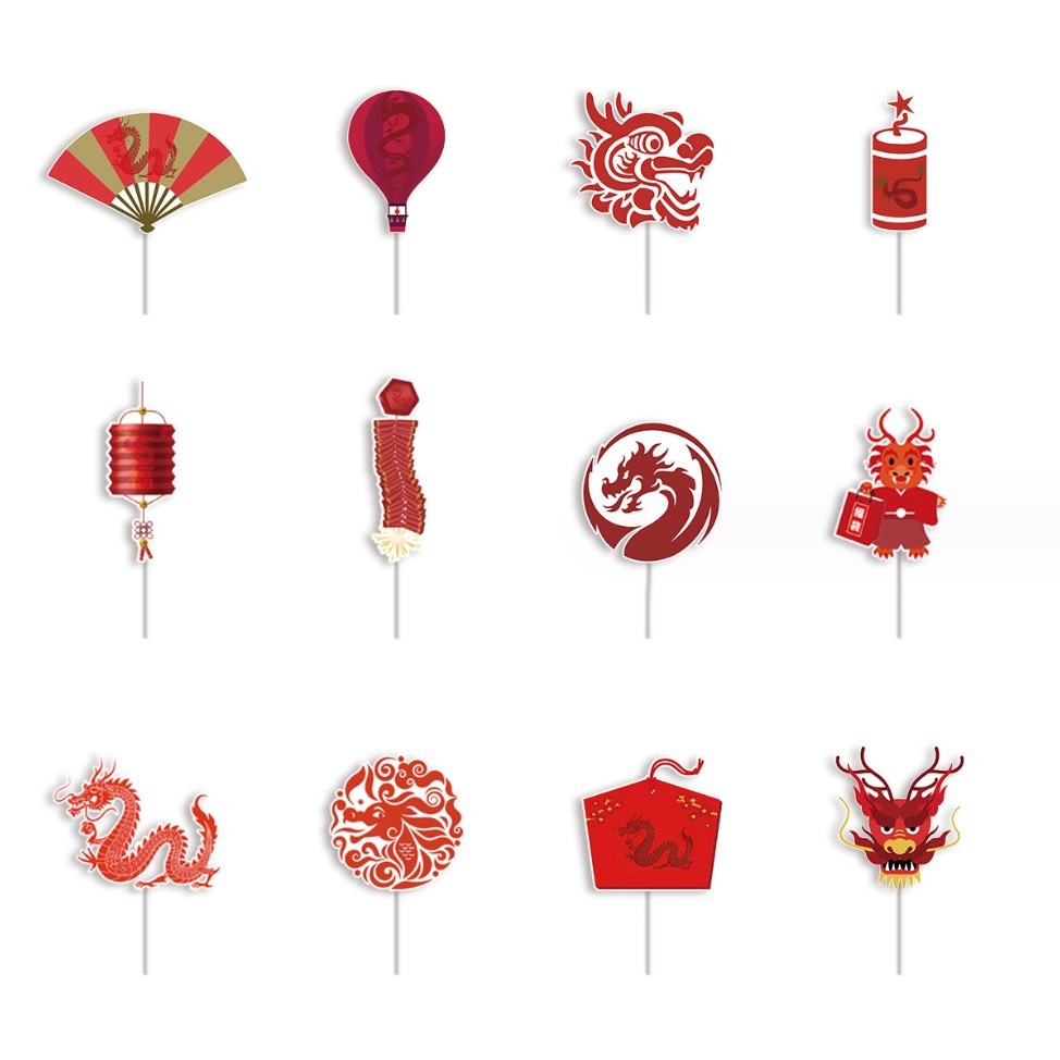 ◎12支入◎龍年主題蛋糕DIY裝飾插件插旗/馬芬杯裝飾/新年杯子蛋糕裝飾卡片插牌/Happy new year蛋糕甜品裝-細節圖5