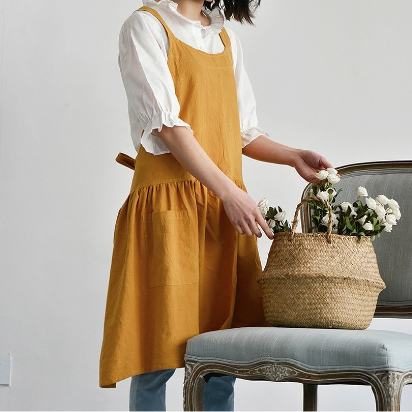 小清新文藝風水洗棉麻背帶式圍裙/韓國創意圍裙/餐廳咖啡茶店工作服/烘焙圍裙-細節圖4