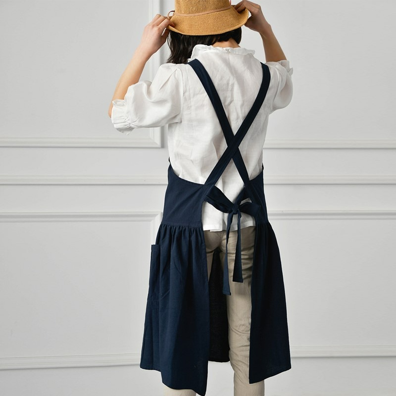 小清新文藝風水洗棉麻背帶式圍裙/韓國創意圍裙/餐廳咖啡茶店工作服/烘焙圍裙-細節圖6