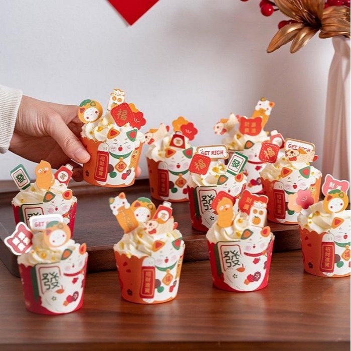 ◎95枚入◎新春發財貓春節喜慶烘焙紙杯插牌/新年發糕紙插牌/杯子蛋糕紙杯裝飾-細節圖3