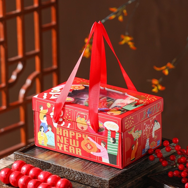 ◎2入◎龍年新年開窗紅色手提包裝盒/新年禮盒/糖果包裝紙盒/禮品紙盒/雪Q餅牛軋糖包裝禮物盒/堅果餅乾罐手提紙盒-細節圖2
