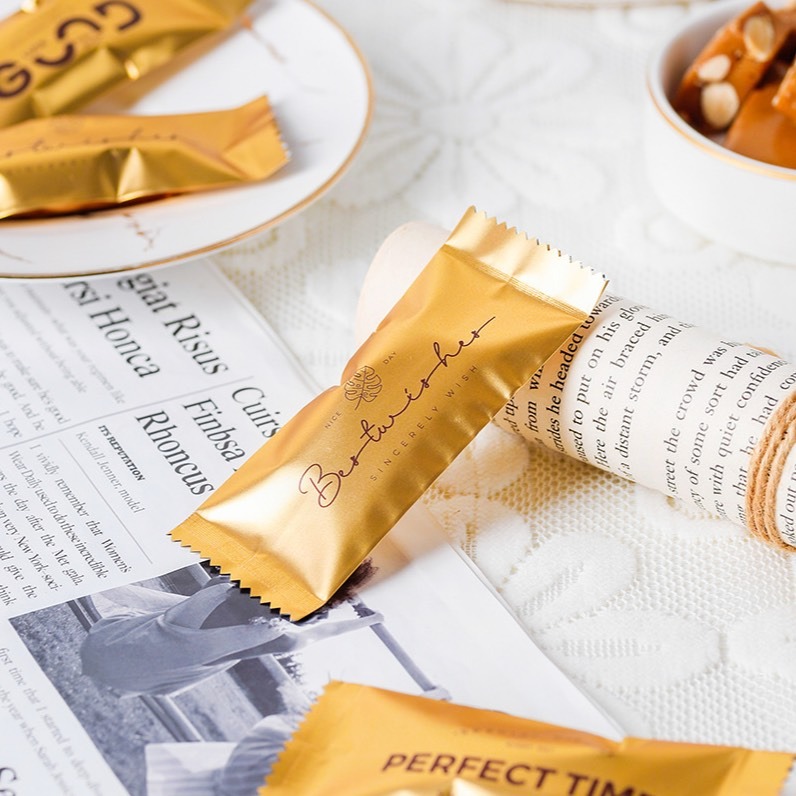 ▪4x9.5cm▪金色鋁箔牛軋糖包裝袋(約100只裝)/奶糖糖果太妃糖烘焙機封袋/新年鋁膜糖果袋-細節圖3