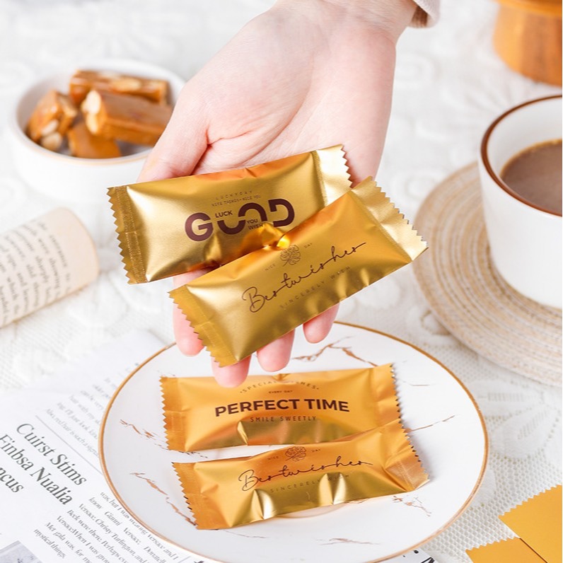 ▪4x9.5cm▪金色鋁箔牛軋糖包裝袋(約100只裝)/奶糖糖果太妃糖烘焙機封袋/新年鋁膜糖果袋-細節圖4