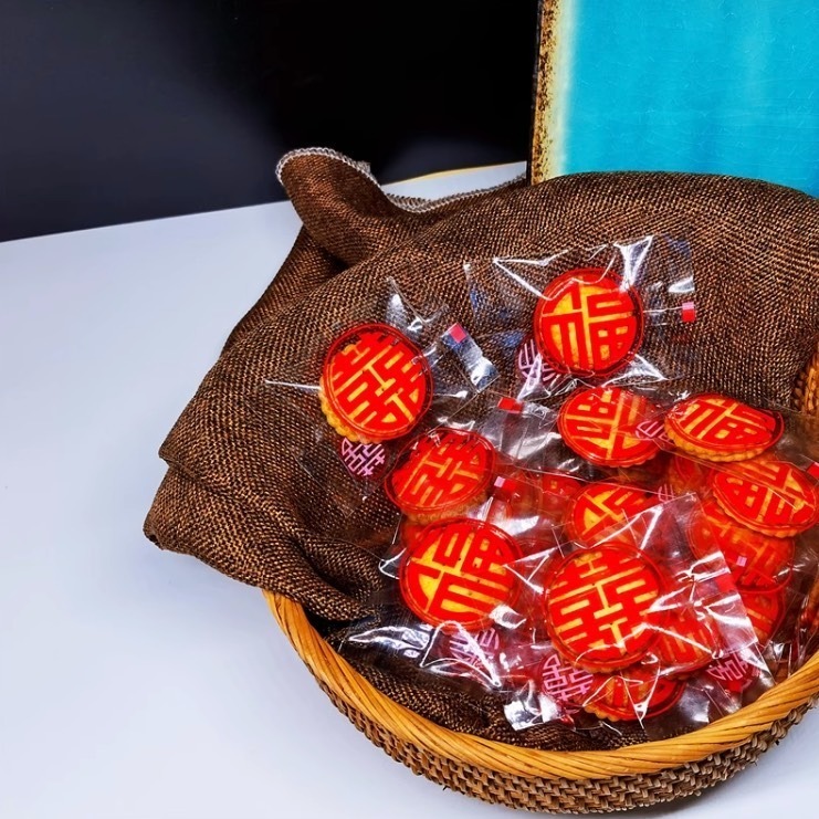 ▪5.5x8.5cm▪透明雙喜新年福字雪花酥包裝袋(約100只裝)/曲奇小餅乾糖果牛軋糖奶棗烘焙機封袋/結婚囍慶小包裝袋-細節圖3