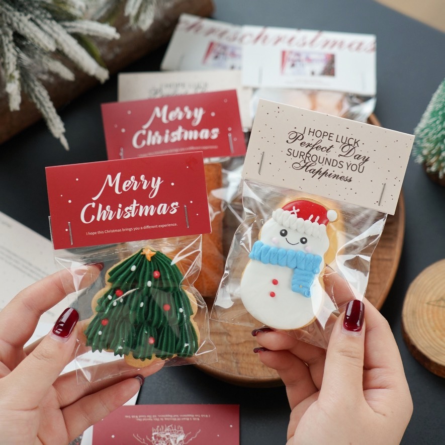 ◎30張入◎聖誕節油畫派對餅乾頁眉卡頭/聖誕英文裝飾卡頭/聖誕節烘焙包裝卡頭/牛軋糖雪花酥曲奇餅乾透明卡紙袋裝飾-細節圖4