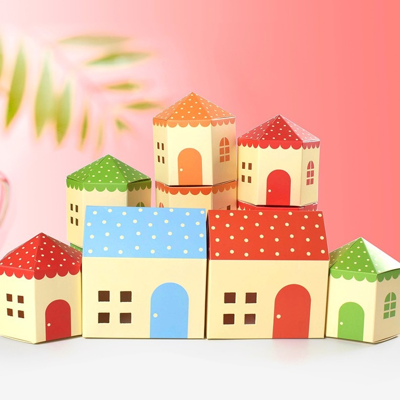 ◎5只入◎彩色城堡簡約可愛糖果餅乾包裝盒/牛軋糖餅乾糖果盒/滿月回禮婚禮喜糖禮物盒/兒童節亮麗彩色房子包裝紙盒-細節圖3