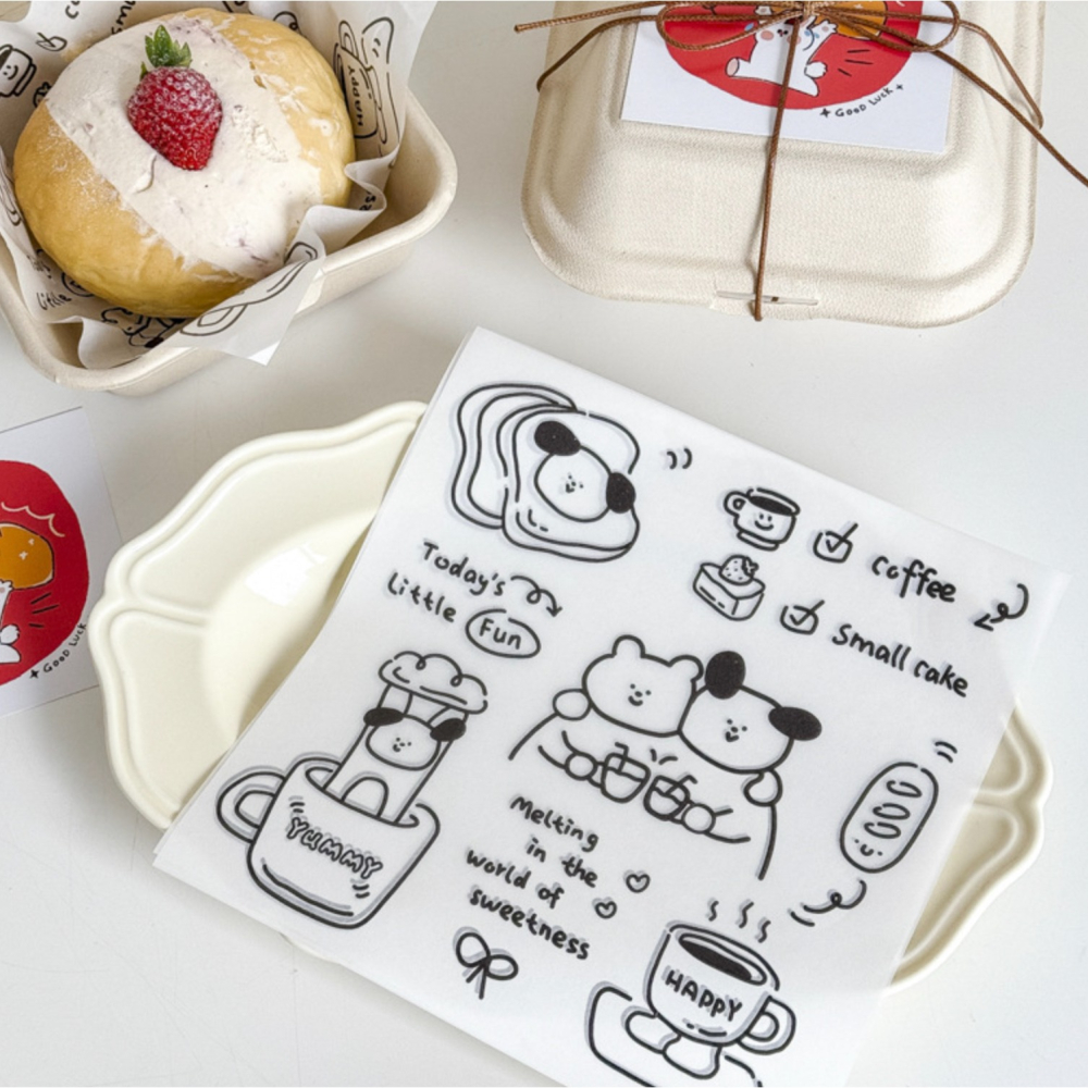 ◎20張◎18x18cm熊狗日治三明治包裝油紙/家用一次性防油紙墊/漢堡淋膜紙/打包飯糰煎手抓餅食品點心包裝用紙/烘培用-細節圖4