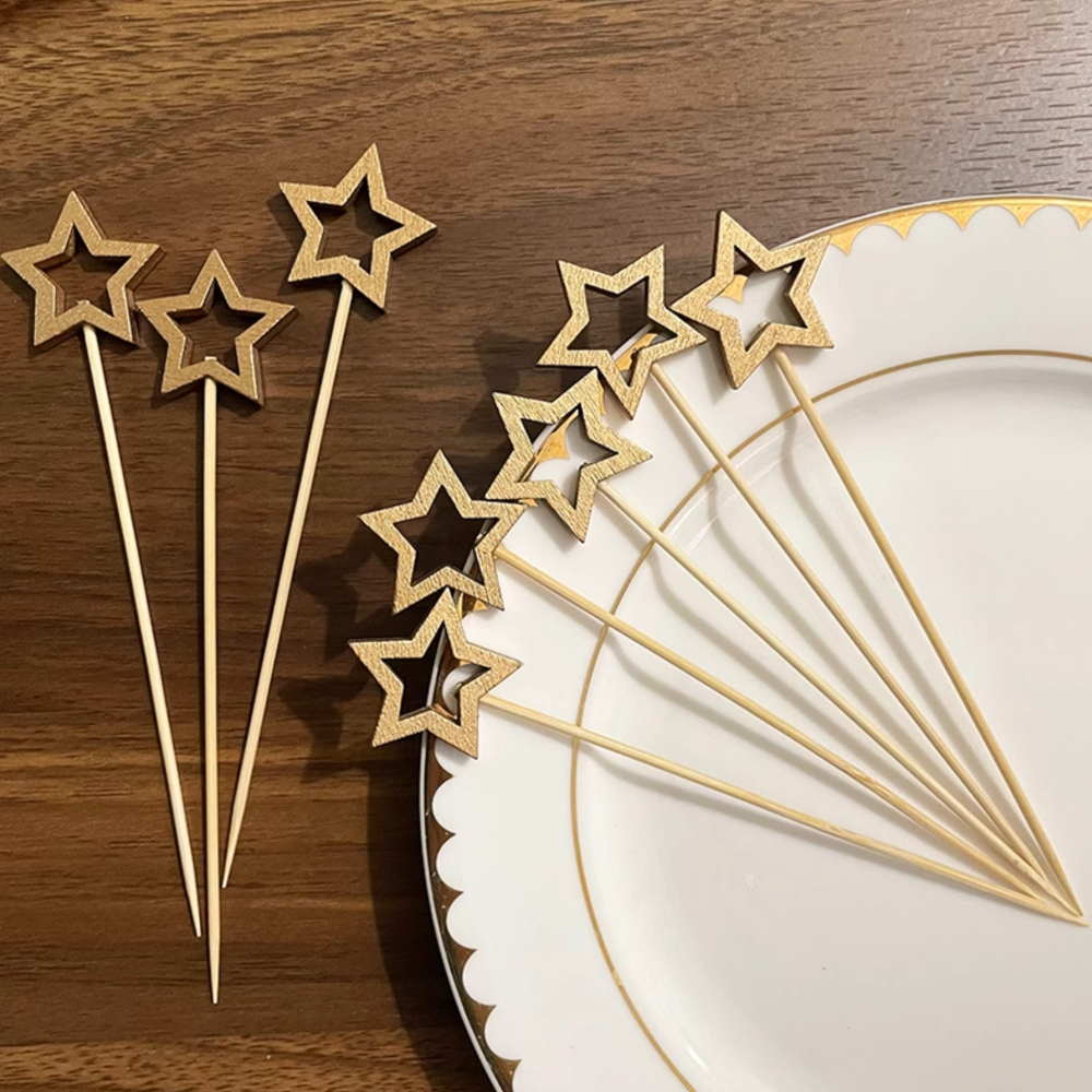◎20支◎木質金色銀色鏤空五角星星造型冰糖葫蘆竹籤/一次性漢堡造型水果籤/家庭親子DIY烘焙製作工具/派對雞尾酒籤-細節圖6