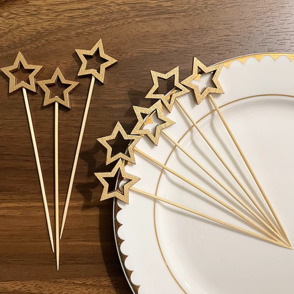 ◎20支◎木質金色銀色鏤空五角星星造型冰糖葫蘆竹籤/一次性漢堡造型水果籤/家庭親子DIY烘焙製作工具/派對雞尾酒籤-規格圖7