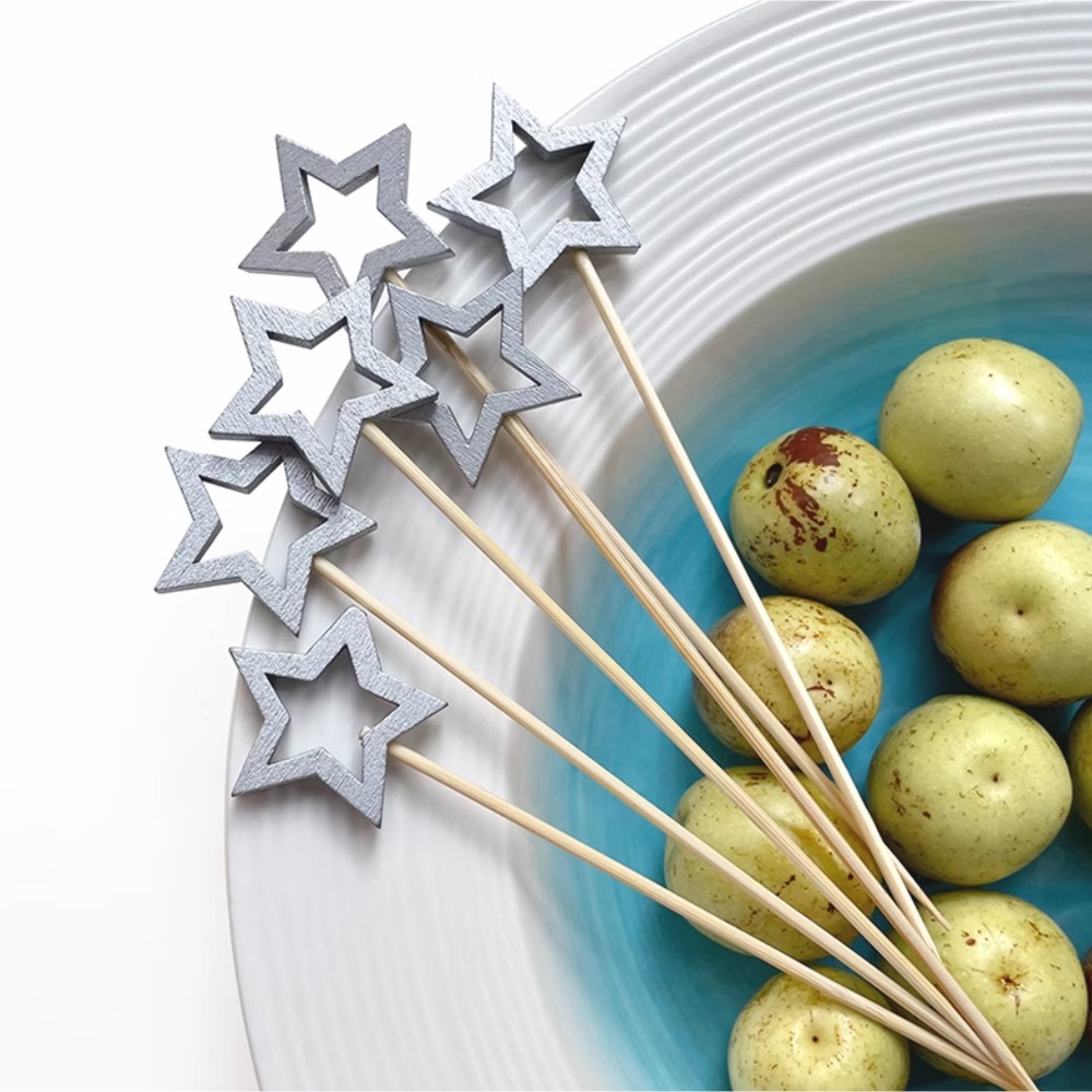 ◎20支◎木質金色銀色鏤空五角星星造型冰糖葫蘆竹籤/一次性漢堡造型水果籤/家庭親子DIY烘焙製作工具/派對雞尾酒籤-規格圖7