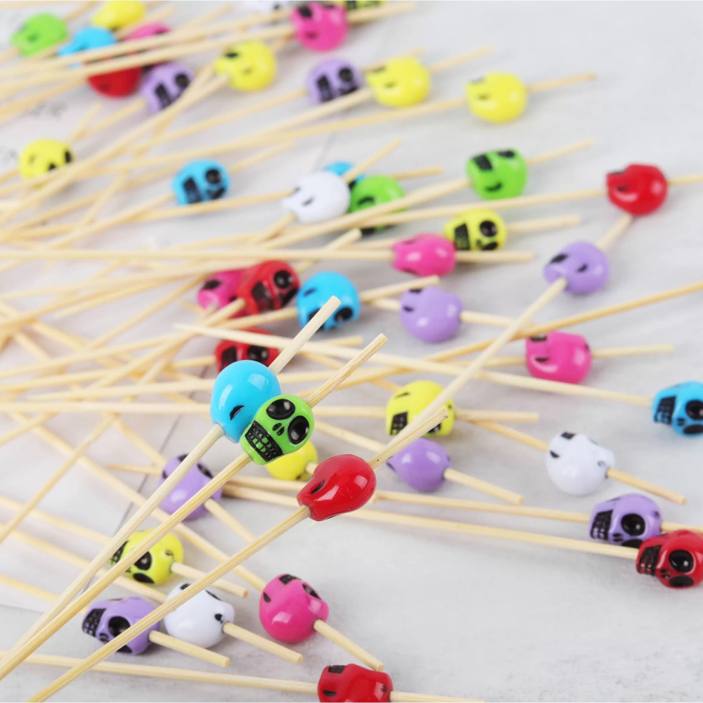 ◎20支◎木質萬聖節彩色小骷髏頭造型冰糖葫蘆竹籤/一次性漢堡造型水果籤/家庭親子DIY烘焙製作工具/萬聖派對雞尾酒籤-細節圖3