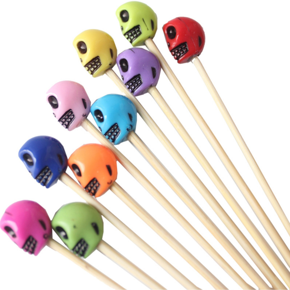 ◎20支◎木質萬聖節彩色小骷髏頭造型冰糖葫蘆竹籤/一次性漢堡造型水果籤/家庭親子DIY烘焙製作工具/萬聖派對雞尾酒籤-細節圖4