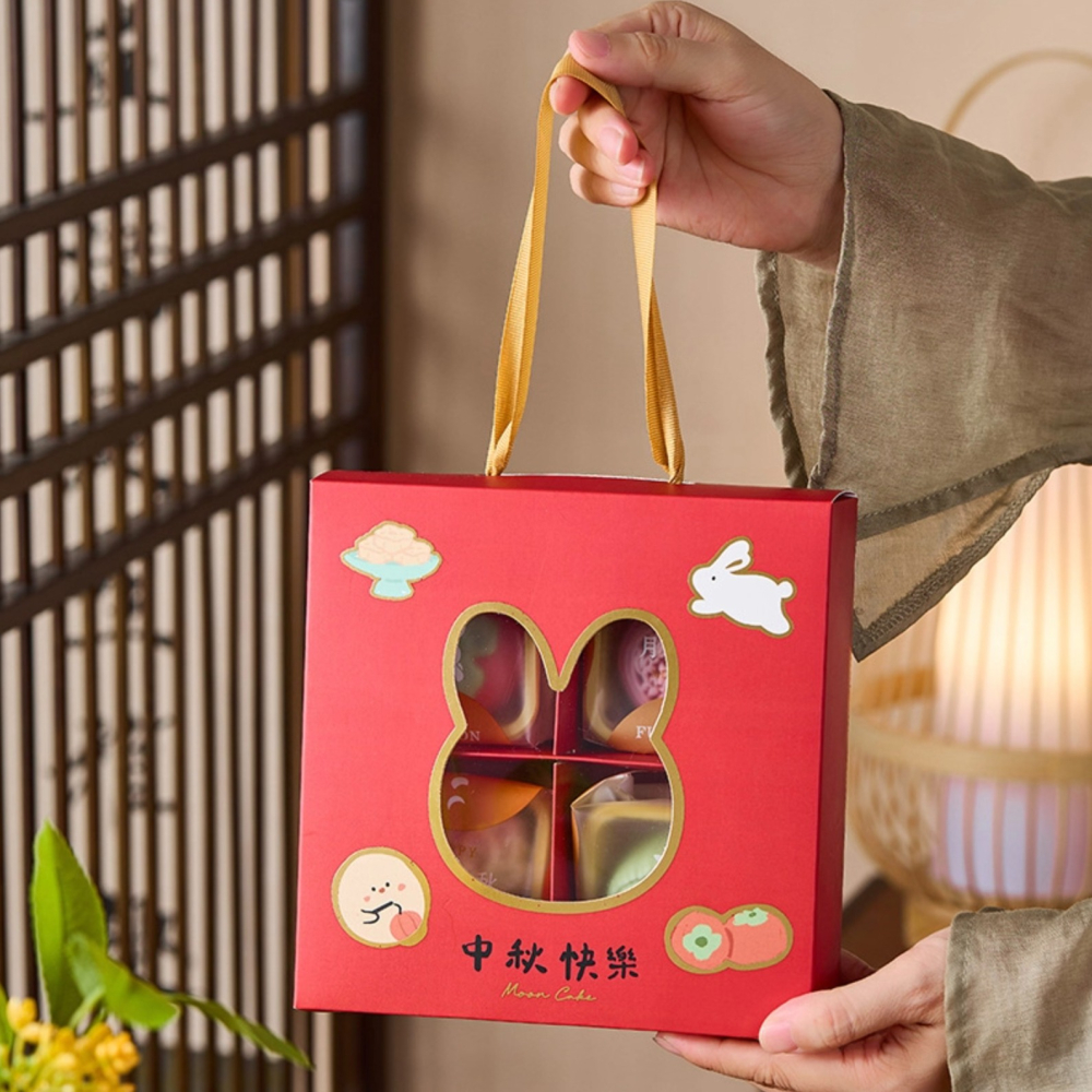 ◎2入◎兔耳朵開窗式中秋節手提禮盒/提盒包裝盒/團購禮品袋提盒/烘焙禮盒牛軋糖曲奇餅乾盒子/雪花酥牛軋糖糖果餅乾手提空紙-細節圖2