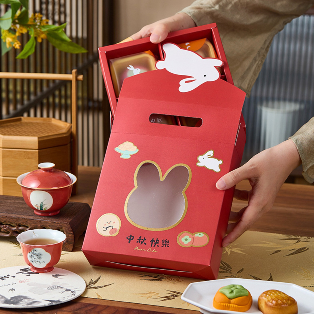 ◎2入◎兔耳朵開窗式中秋節手提禮盒/提盒包裝盒/團購禮品袋提盒/烘焙禮盒牛軋糖曲奇餅乾盒子/雪花酥牛軋糖糖果餅乾手提空紙-細節圖3