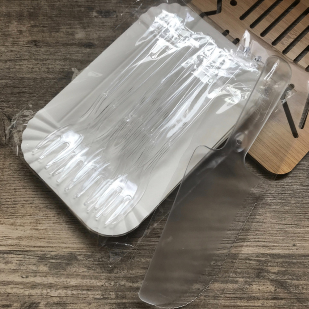 ◎10盤+10叉+1刀◎一次性三齒叉生日蛋糕盤叉套裝/一次性生日蛋糕刀叉盤組合/長方形烘焙派對紙盤/黑色塑膠果盤插甜點刀-細節圖3