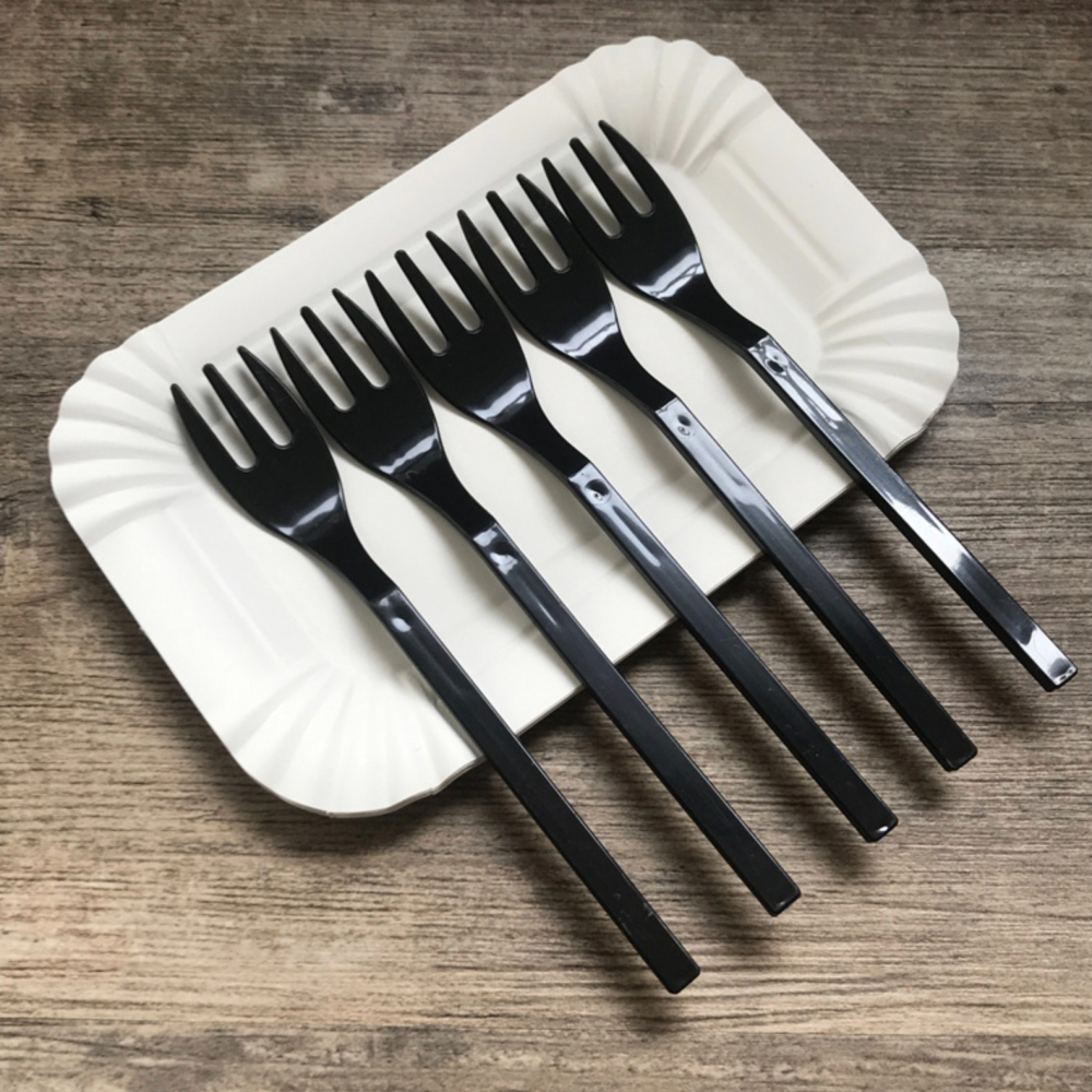 ◎10盤+10叉+1刀◎一次性三齒叉生日蛋糕盤叉套裝/一次性生日蛋糕刀叉盤組合/長方形烘焙派對紙盤/黑色塑膠果盤插甜點刀-細節圖4