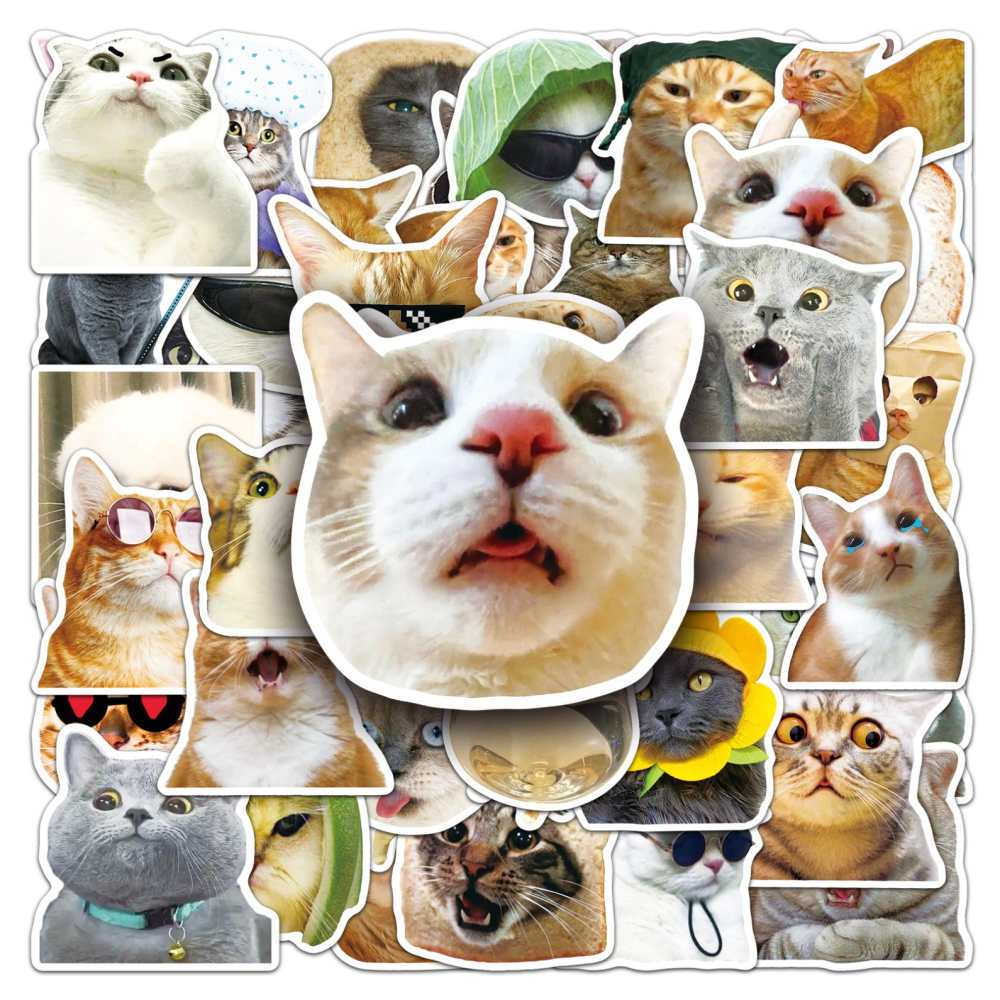 ◎50枚貼◎網紅貓咪表情異型封口貼/個性塗鴉滑板防水行李箱貼紙/PVC手帳貼紙/黑貓藍貓三花貓橘貓造型貼紙-細節圖2