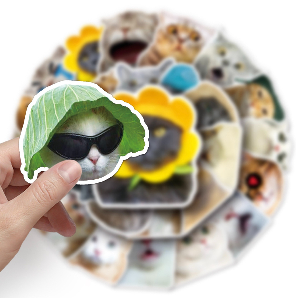 ◎50枚貼◎網紅貓咪表情異型封口貼/個性塗鴉滑板防水行李箱貼紙/PVC手帳貼紙/黑貓藍貓三花貓橘貓造型貼紙-細節圖3