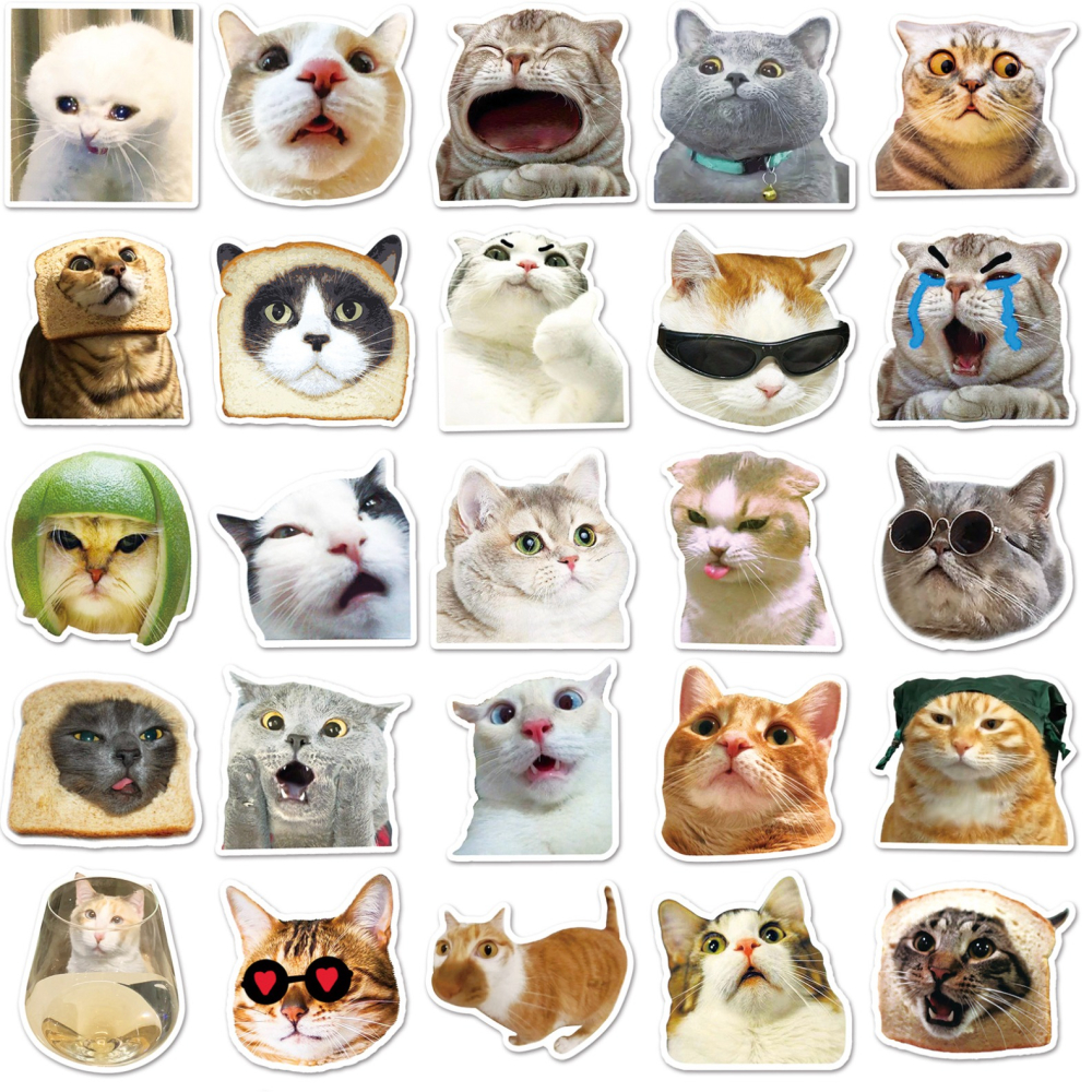 ◎50枚貼◎網紅貓咪表情異型封口貼/個性塗鴉滑板防水行李箱貼紙/PVC手帳貼紙/黑貓藍貓三花貓橘貓造型貼紙-細節圖4