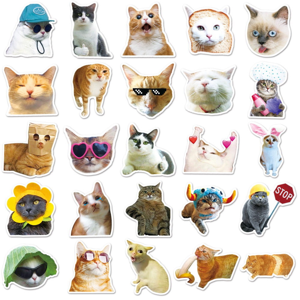 ◎50枚貼◎網紅貓咪表情異型封口貼/個性塗鴉滑板防水行李箱貼紙/PVC手帳貼紙/黑貓藍貓三花貓橘貓造型貼紙-細節圖5