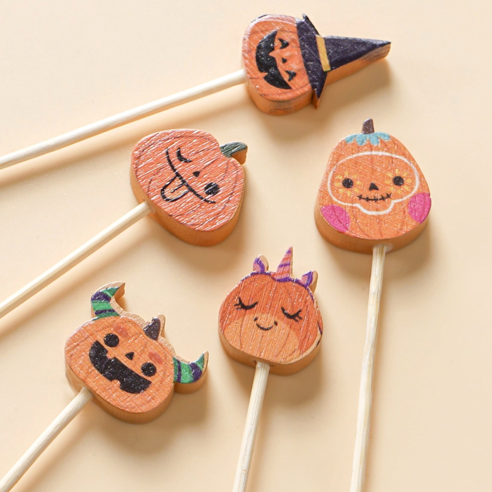 ◎20支◎木質萬聖節PARTY南瓜造型冰糖葫蘆竹籤/一次性漢堡造型水果籤/家庭親子DIY烘焙製作工具/萬聖節特定款派對雞-細節圖3