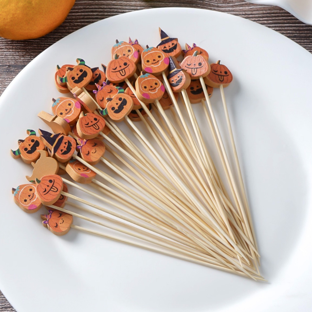 ◎20支◎木質萬聖節PARTY南瓜造型冰糖葫蘆竹籤/一次性漢堡造型水果籤/家庭親子DIY烘焙製作工具/萬聖節特定款派對雞-細節圖6
