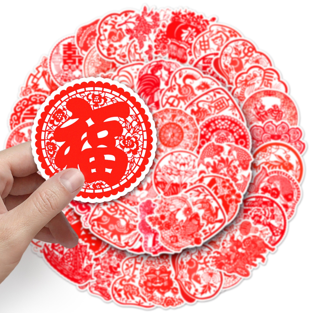 ◎50枚貼◎中國風春節節日剪紙異型封口貼/個性塗鴉滑板防水行李箱貼紙/PVC手帳貼紙/新年咕卡造型貼紙-細節圖3