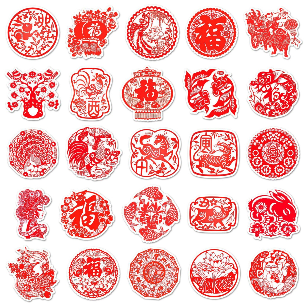 ◎50枚貼◎中國風春節節日剪紙異型封口貼/個性塗鴉滑板防水行李箱貼紙/PVC手帳貼紙/新年咕卡造型貼紙-細節圖5