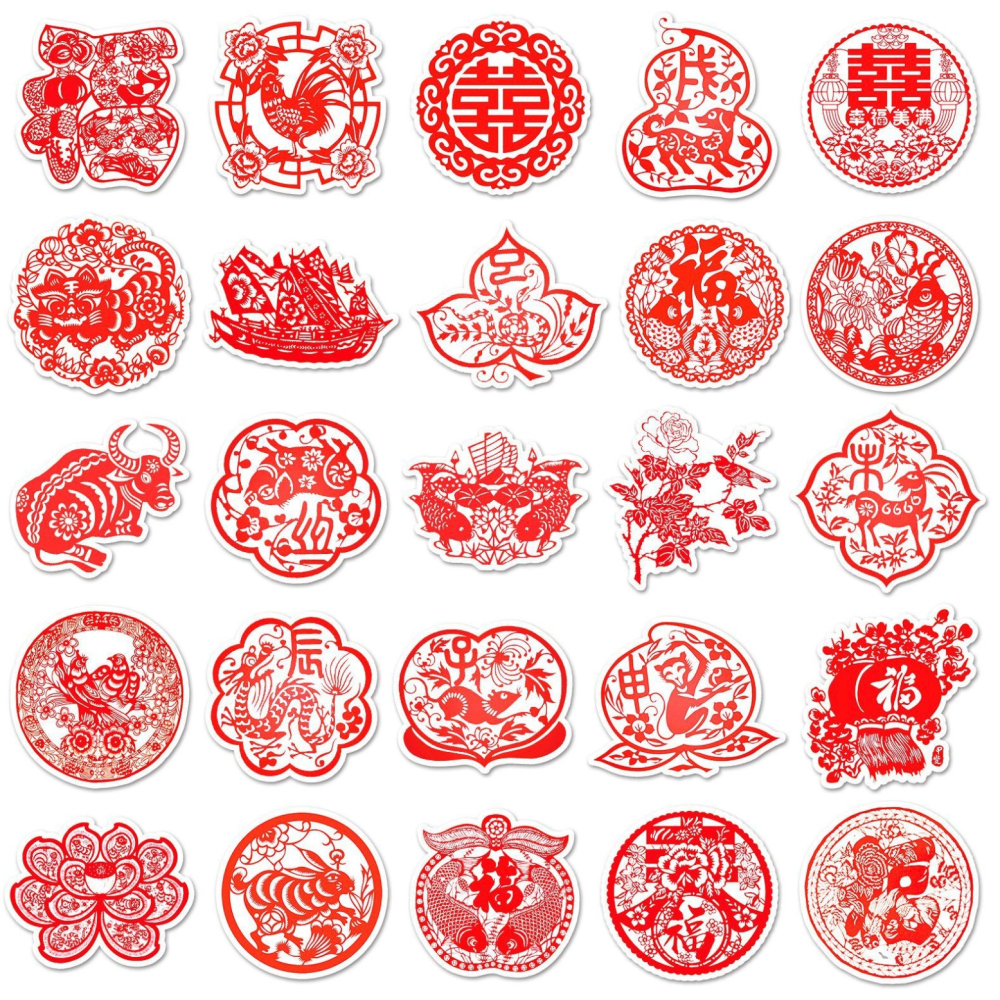 ◎50枚貼◎中國風春節節日剪紙異型封口貼/個性塗鴉滑板防水行李箱貼紙/PVC手帳貼紙/新年咕卡造型貼紙-細節圖6