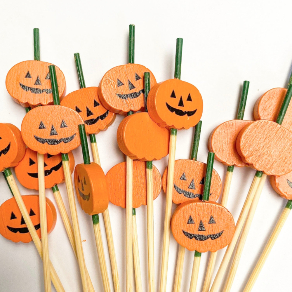 ◎20支◎木質萬聖節南瓜造型冰糖葫蘆竹籤/一次性漢堡造型水果籤/家庭親子DIY烘焙製作工具/萬聖節特定款派對雞尾酒籤-細節圖4