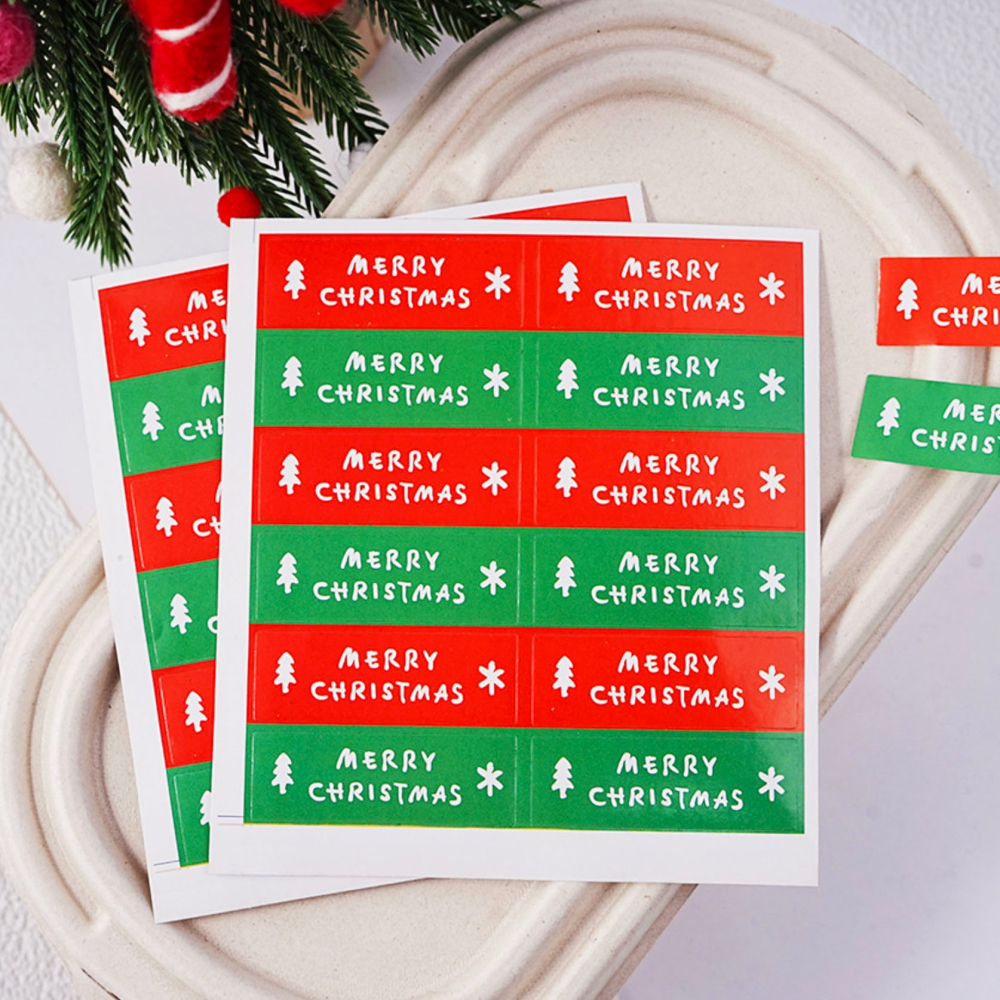 ◎5張=60枚◎聖誕節merry christmas雙色長條型封口貼紙/長方型節慶禮盒禮物貼紙/聖誕節祝福不乾膠裝飾貼紙-細節圖3