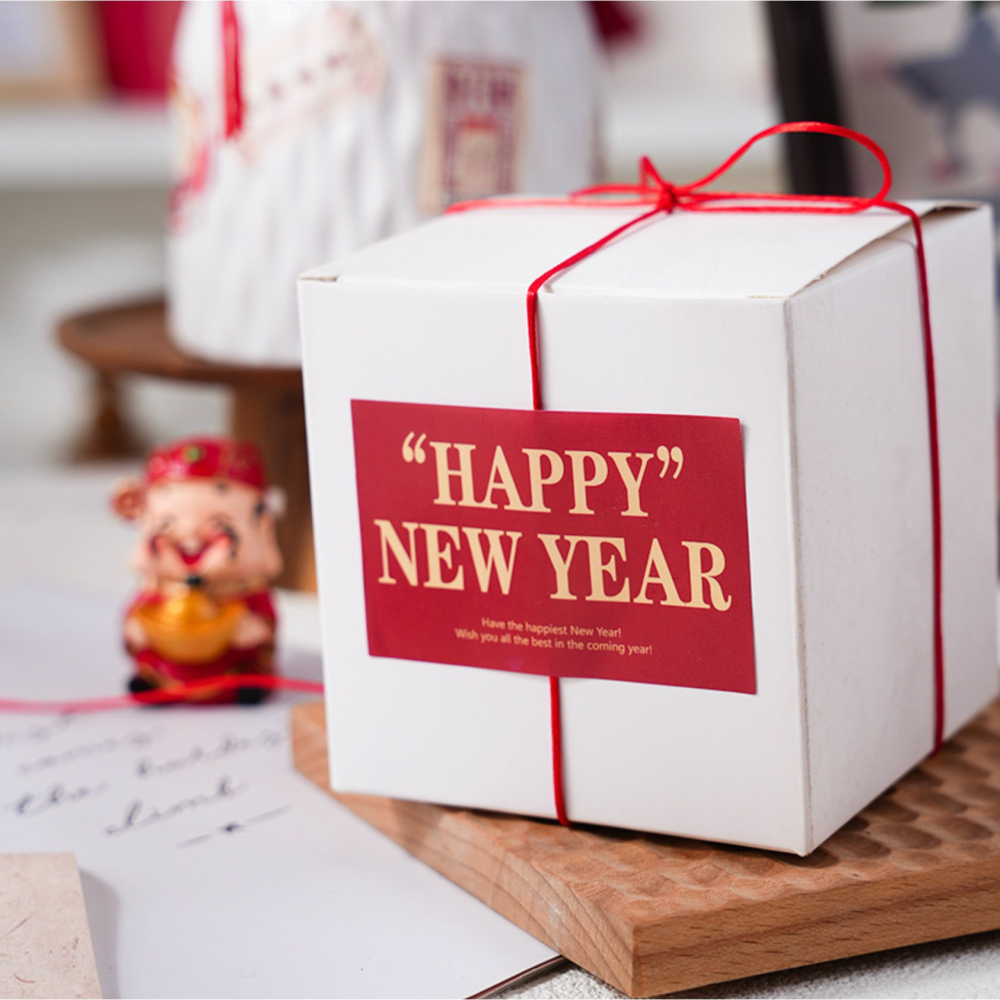 ◎5張=20枚◎新年方型雙色包裝貼紙/happy new year不乾膠裝飾貼紙/紅色新年封口貼/蛋黃酥貼紙/DIY禮盒-細節圖3