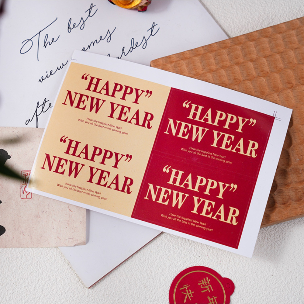 ◎5張=20枚◎新年方型雙色包裝貼紙/happy new year不乾膠裝飾貼紙/紅色新年封口貼/蛋黃酥貼紙/DIY禮盒-細節圖4