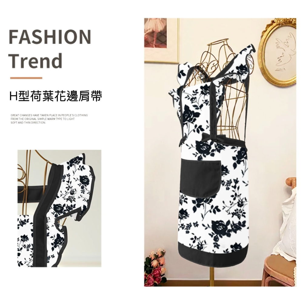 韓式黑白墨水玫瑰圍裙罩衣/成人圍裙/畫衣/廚房防污工作服/店服/麵包店烘培圍裙-細節圖3