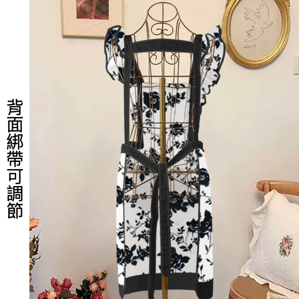 韓式黑白墨水玫瑰圍裙罩衣/成人圍裙/畫衣/廚房防污工作服/店服/麵包店烘培圍裙-細節圖5