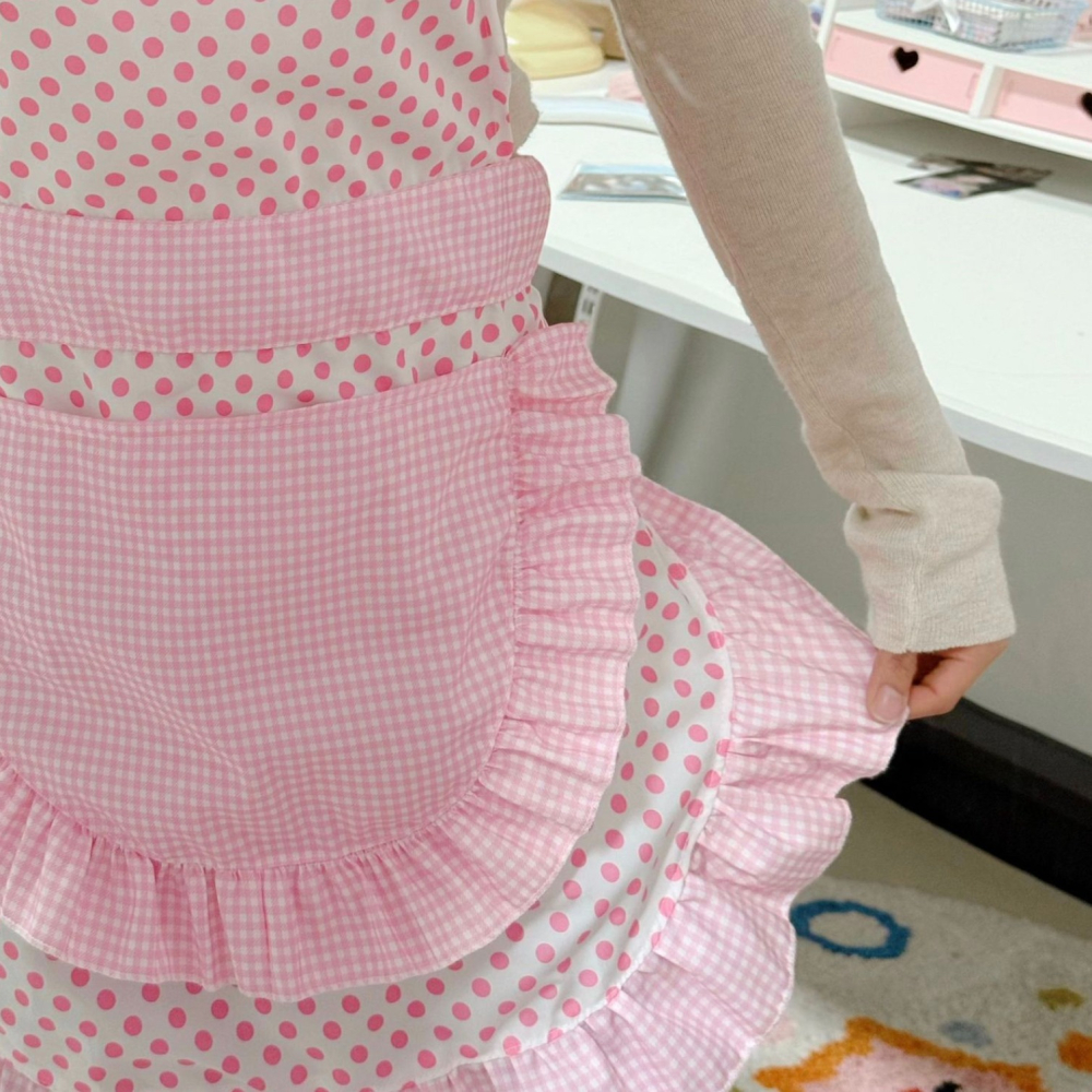 甜美系粉紅波點圍裙罩衣/成人圍裙/畫衣/廚房防污工作服/店服/麵包店烘培圍裙/餐飲工作圍裙-細節圖4