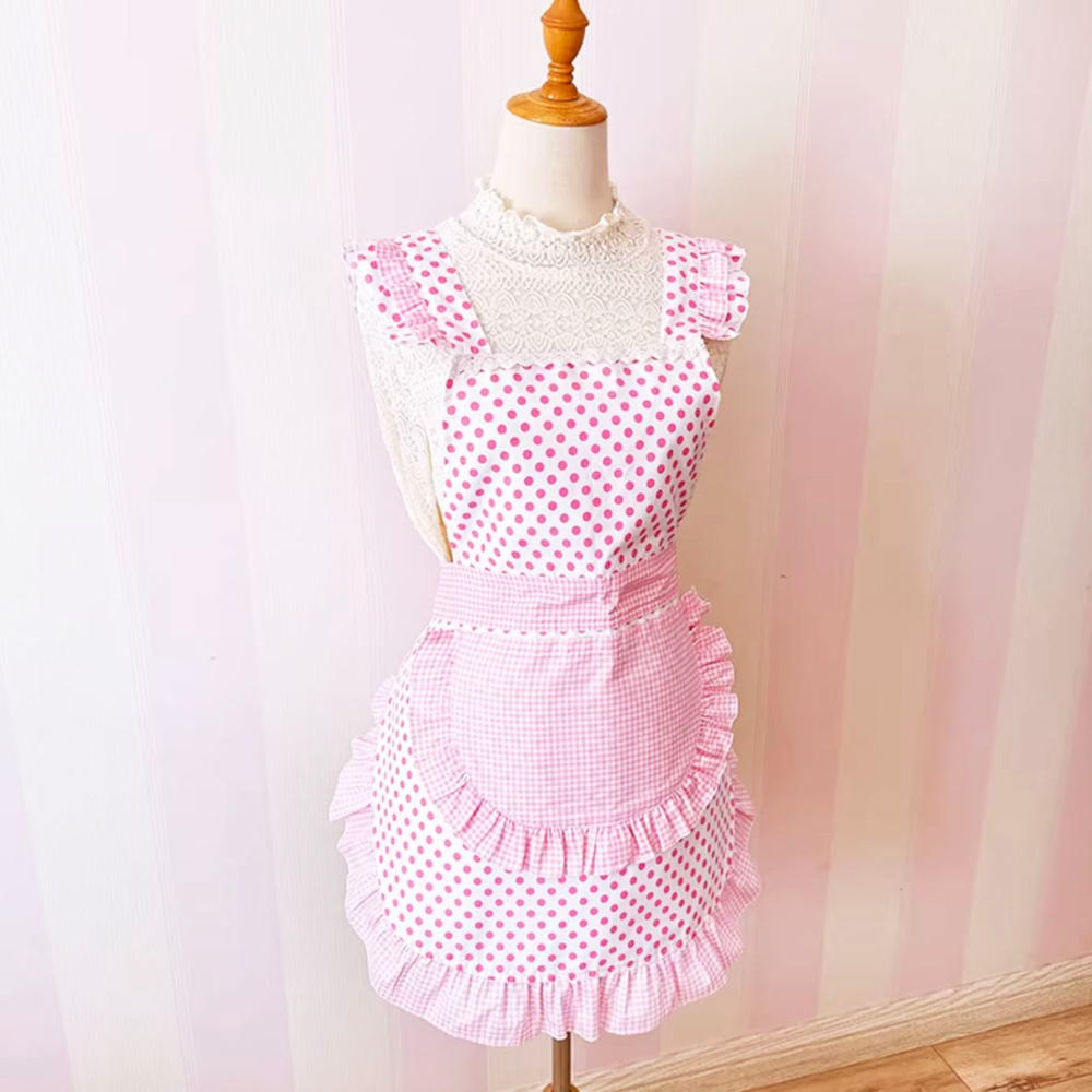 甜美系粉紅波點圍裙罩衣/成人圍裙/畫衣/廚房防污工作服/店服/麵包店烘培圍裙/餐飲工作圍裙-細節圖5