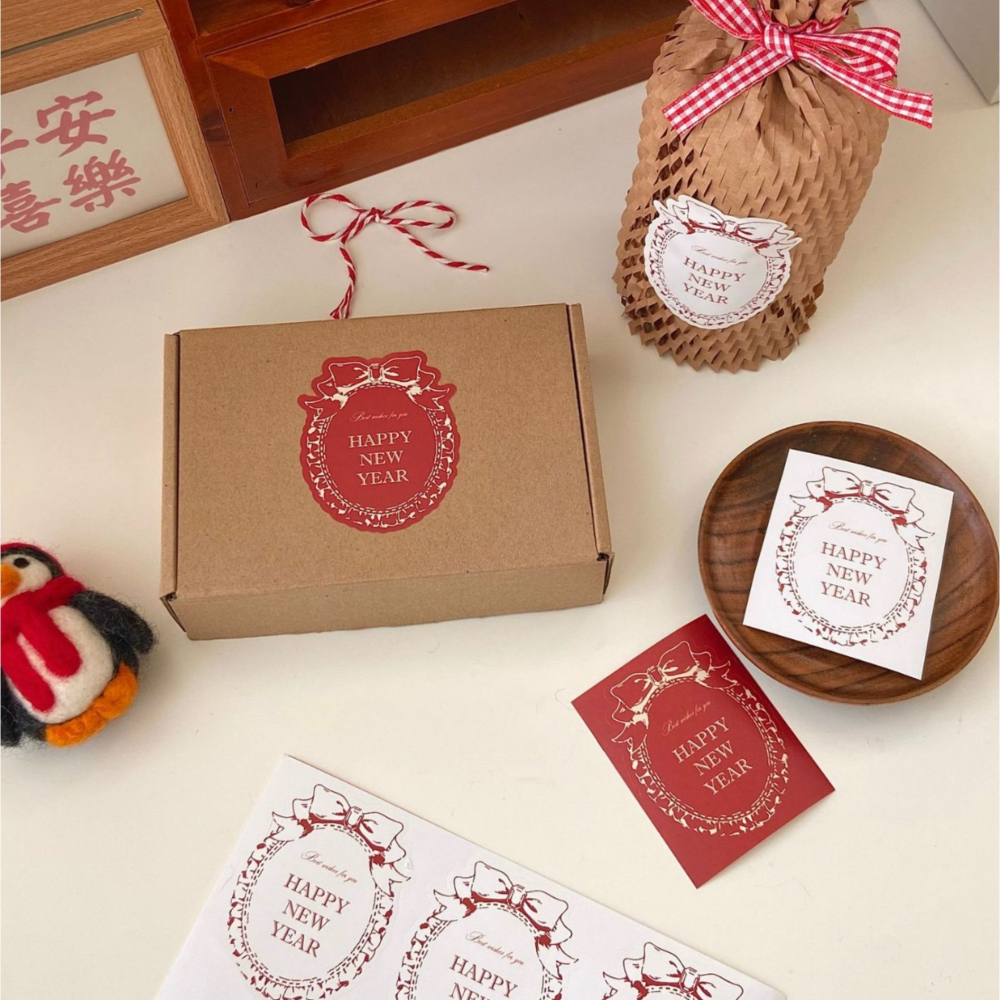 ◎5張=30枚◎新年快樂字母異形蝴蝶結封口貼紙/節慶禮盒禮物貼紙/新年祝福不乾膠裝飾貼紙/賀卡裝飾標籤紙-細節圖4