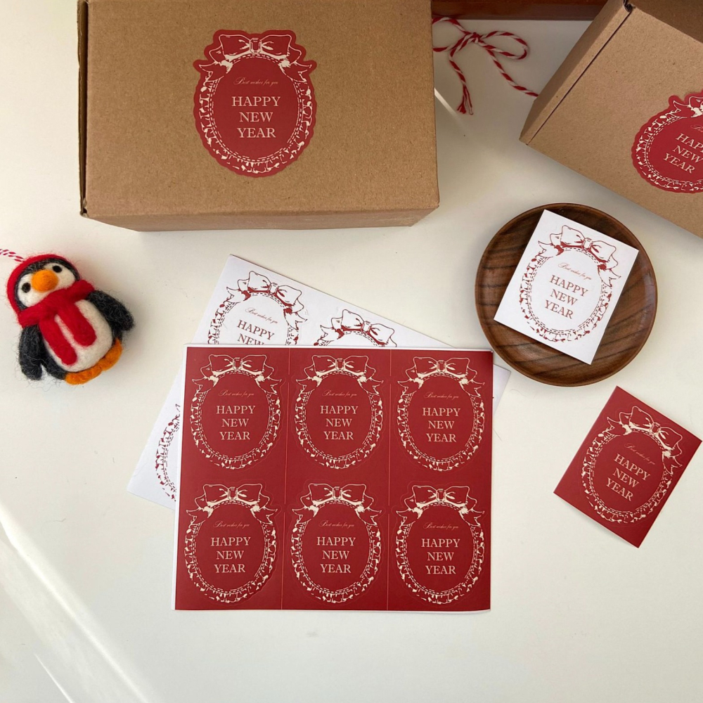 ◎5張=30枚◎新年快樂字母異形蝴蝶結封口貼紙/節慶禮盒禮物貼紙/新年祝福不乾膠裝飾貼紙/賀卡裝飾標籤紙-細節圖6