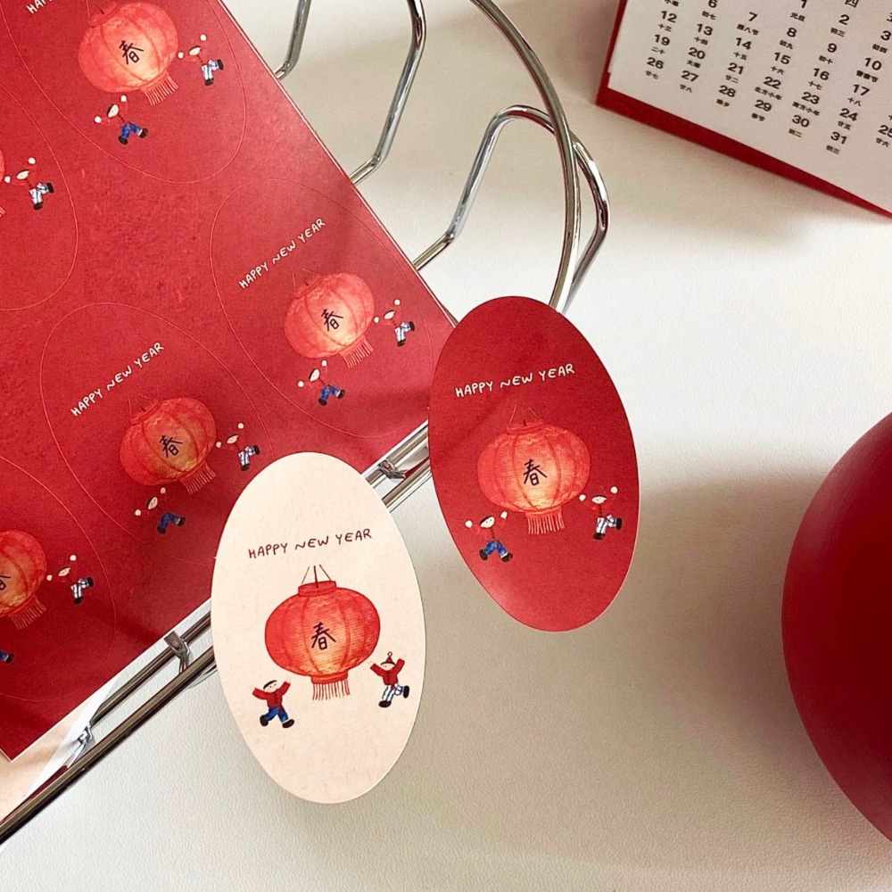 ◎5張=30枚◎新年春節氛圍感橢圓形封口貼紙/節慶禮盒禮物貼紙/新年燈籠禮物不乾膠裝飾貼紙/賀卡裝飾標籤紙-細節圖3
