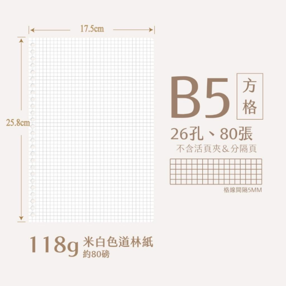 【麗莎小舖】26孔 B5 活頁紙►►80張裝 足80磅 原色道林紙 筆記本內頁-細節圖4