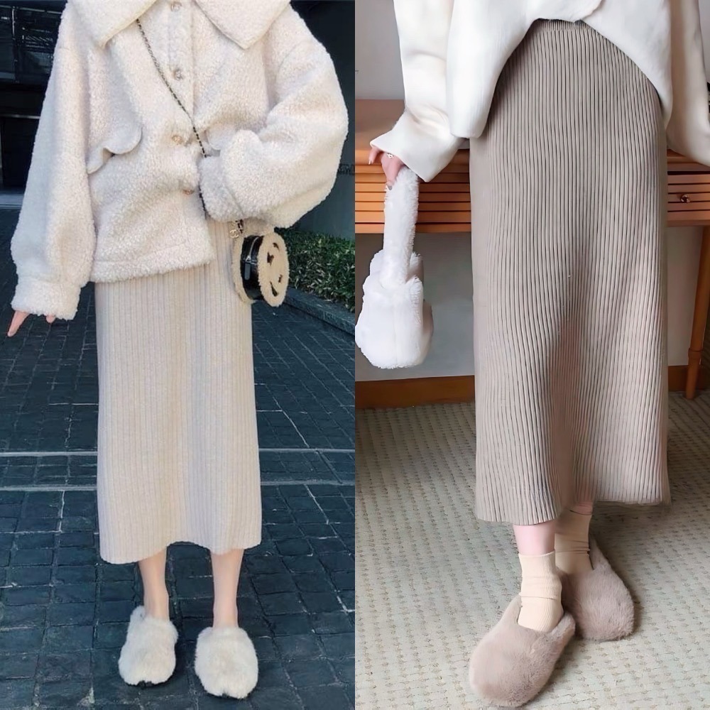 202512歐洲旅拍新品💘台中現貨 秋冬必備棉花糖女孩 大尺碼 大屁屁 經典不敗的超彈力後開叉激瘦坑紋針織裙 5色-細節圖10