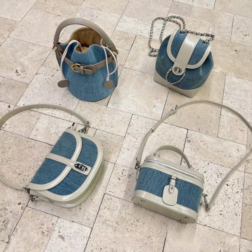 正韓現貨 真皮全牛皮早春拼接牛仔冰川白 多ways 小香風鏈條後背包/珠寶化妝盒子/馬鞍包/水桶包含內袋束口袋-細節圖3