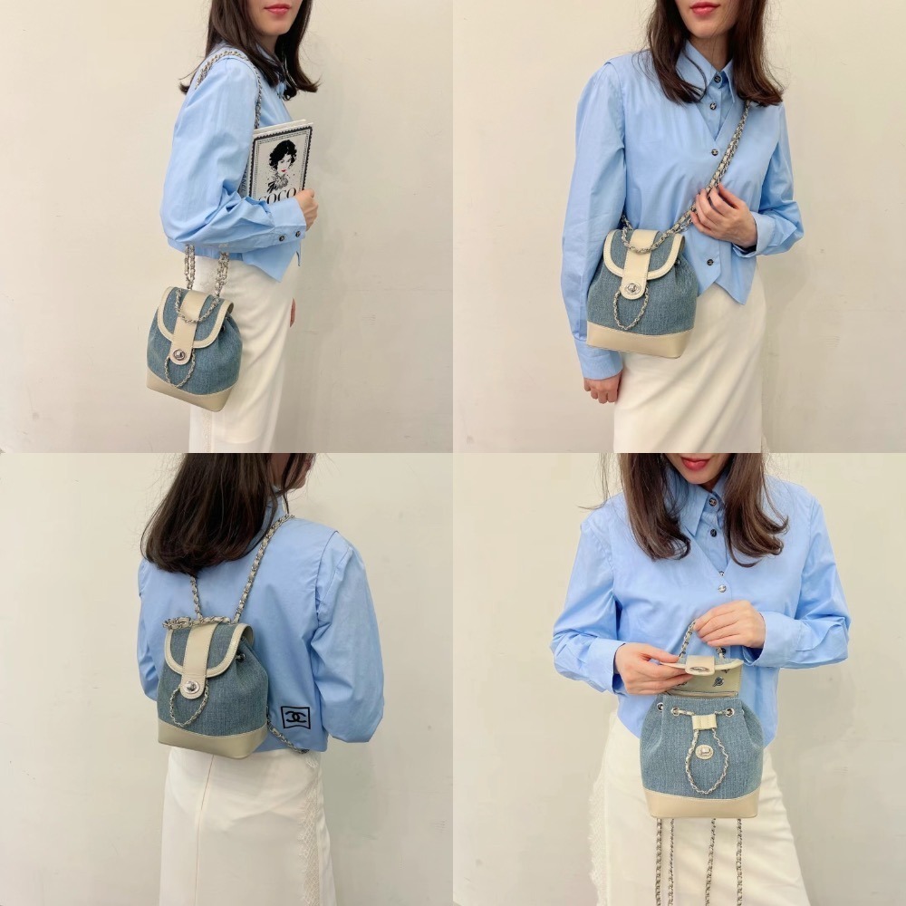 正韓現貨 真皮全牛皮早春拼接牛仔冰川白 多ways 小香風鏈條後背包/珠寶化妝盒子/馬鞍包/水桶包含內袋束口袋-細節圖7