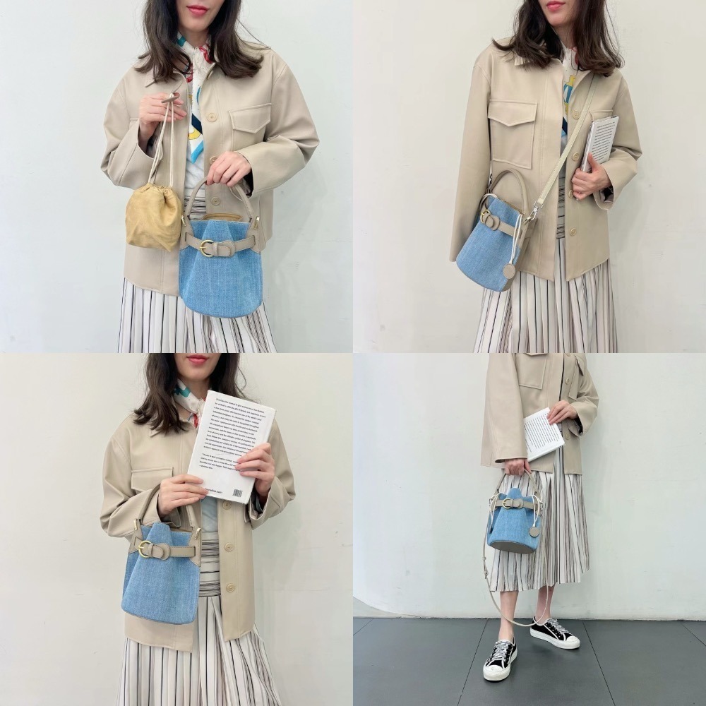 正韓現貨 真皮全牛皮早春拼接牛仔冰川白 多ways 小香風鏈條後背包/珠寶化妝盒子/馬鞍包/水桶包含內袋束口袋-細節圖8