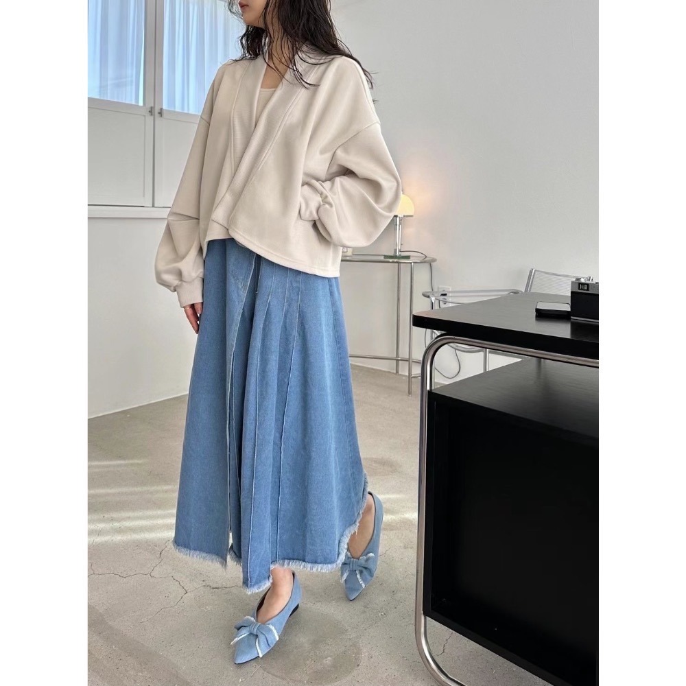 現貨 可調節暗扣一片式交叉魚尾百摺長裙半身後鬆緊彈性 大尺碼可下擺毛邊 2色 淺藍 深藍 丹寧 牛仔裙  不規則不對-細節圖11